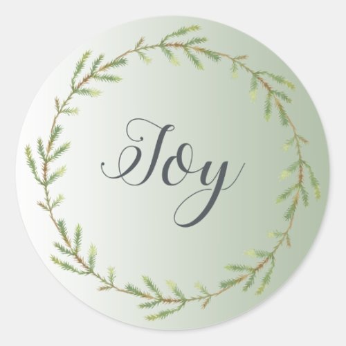 Chic Script Joy Foliage Wreath Green Christmas  Classic Round Sticker