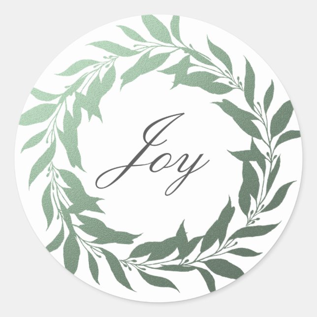 Chic Script Joy Green Foil Wreath Christmas Classic Round Sticker (Front)