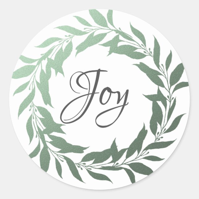 Chic Script Joy Green Foil Wreath Christmas Classic Round Sticker (Front)