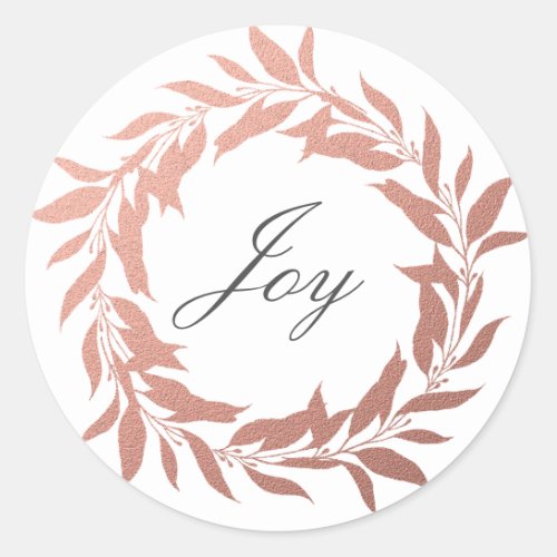 Chic Script Joy Rose Gold Wreath Christmas Classic Round Sticker