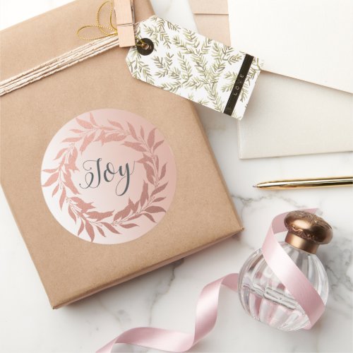 Chic Script Joy Rose Gold Wreath Christmas Pink Classic Round Sticker