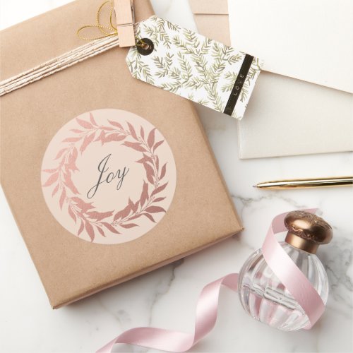 Chic Script Joy Rose Gold Wreath Christmas Pink Classic Round Sticker