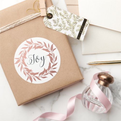 Chic Script Joy Rose Gold Wreath Christmas White Classic Round Sticker