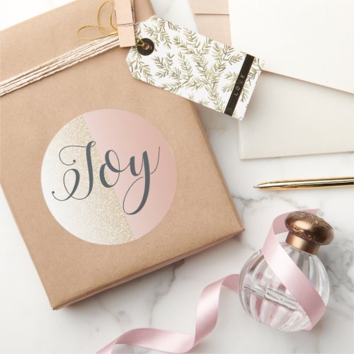 Chic Script Joy Shiny Pink Gold Glitter Christmas Classic Round Sticker