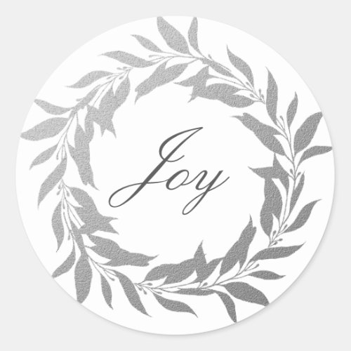 Chic Script Joy Silver Gray Wreath Christmas Classic Round Sticker