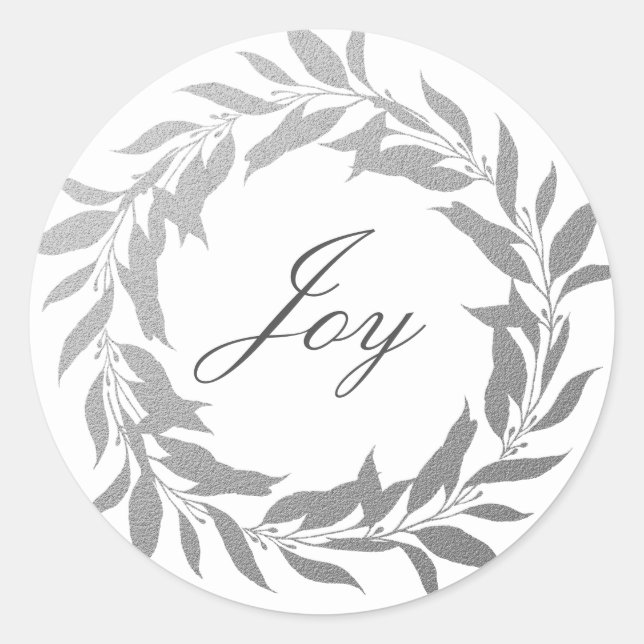 Chic Script Joy Silver Gray Wreath Christmas Classic Round Sticker (Front)