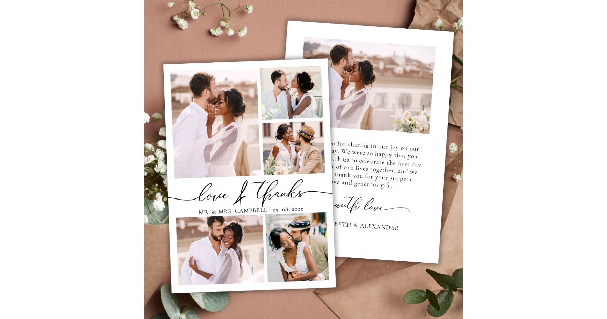 Chic Script Love and Thanks Photo Collage Wedding Thank You Card | Zazzle