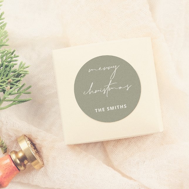 Chic Script Merry Christmas Lettering Green Classic Round Sticker (Creator Uploaded)