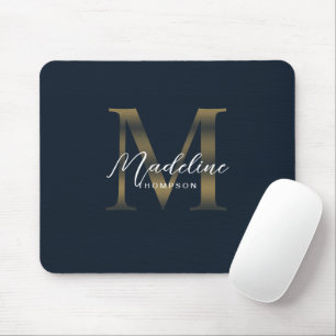 Chic Script Metallic Navy Blue and Gold Monogram Mouse Pad
