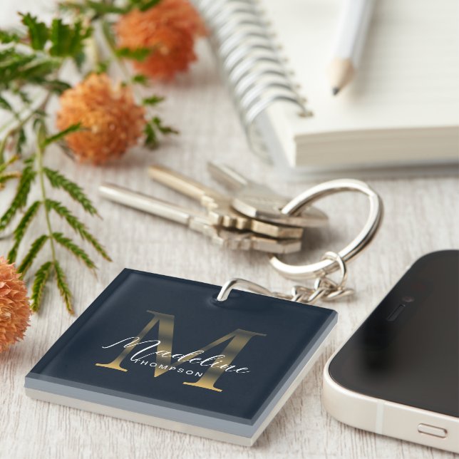 Chic Script Metallic Navy Blue Gold Monogram Keychain (Front Right)