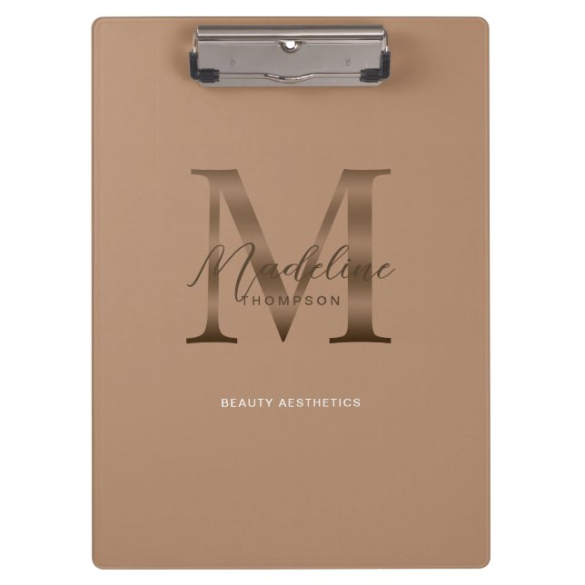 Chic Script Metallic Taupe Gold Monogram Clipboard (Front)
