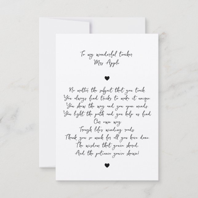 Chic Script Minimal Appreciation Poem for Teacher Thank You Card (Front)