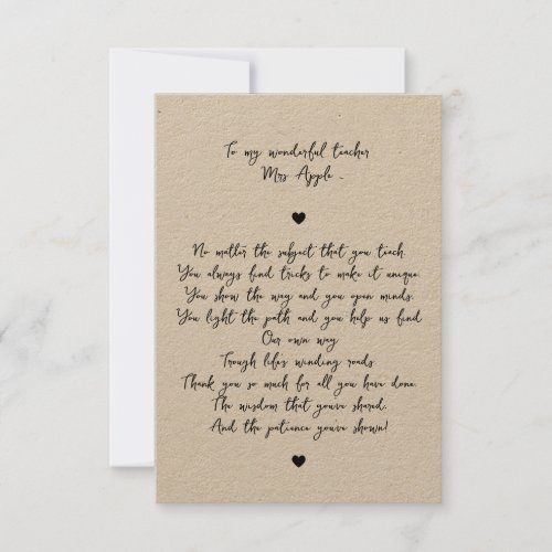  Chic Script Minimal Appreciation Poem for Teacher Thank You Card