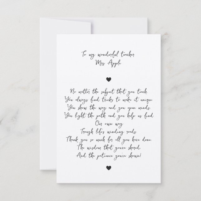  Chic Script Minimal Appreciation Poem for Teacher Thank You Card (Front)