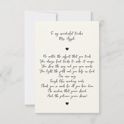  Chic Script Minimal Appreciation Poem for Teacher Thank You Card