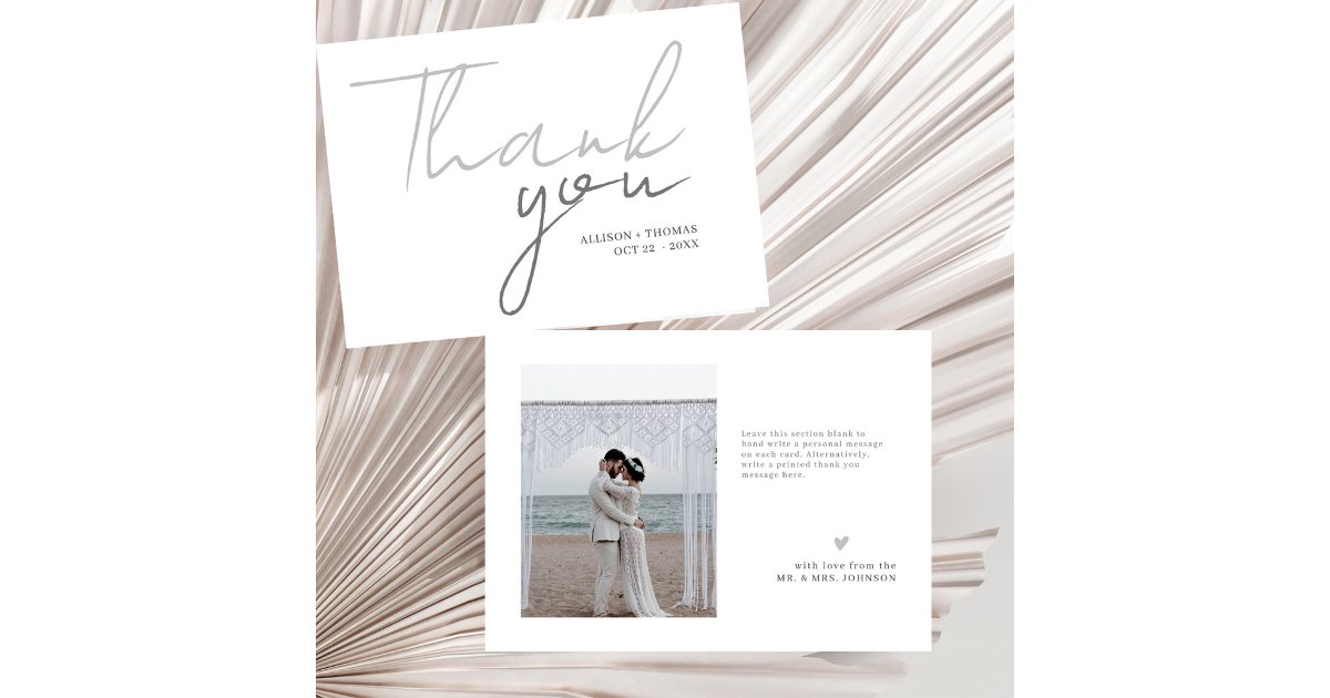 Chic Script Minimalist Photo Light Grey Wedding Thank You Card | Zazzle