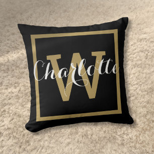 Chic Script Modern Gold Monogram Black Throw Pillow