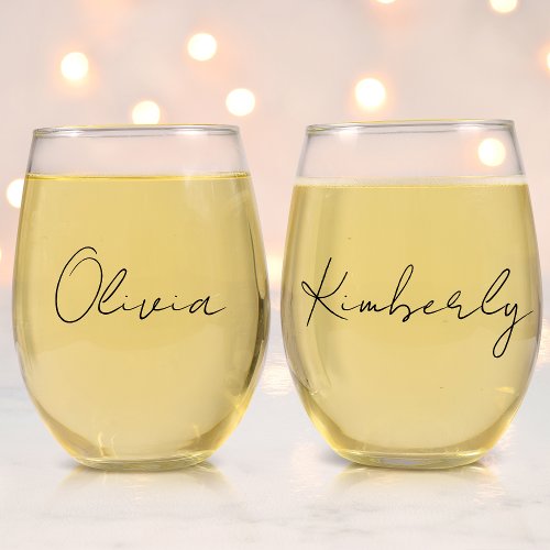 Chic Script Monogram Bachelorette Bridal Party Stemless Wine Glass