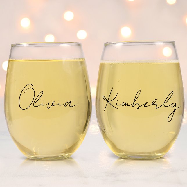 Chic Script Monogram Bachelorette Bridal Party Stemless Wine Glass (Creator Uploaded)