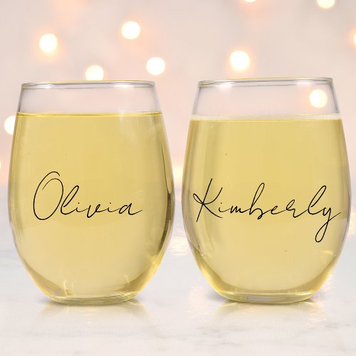 Chic Script Monogram Bachelorette Party Stemless Wine Glass