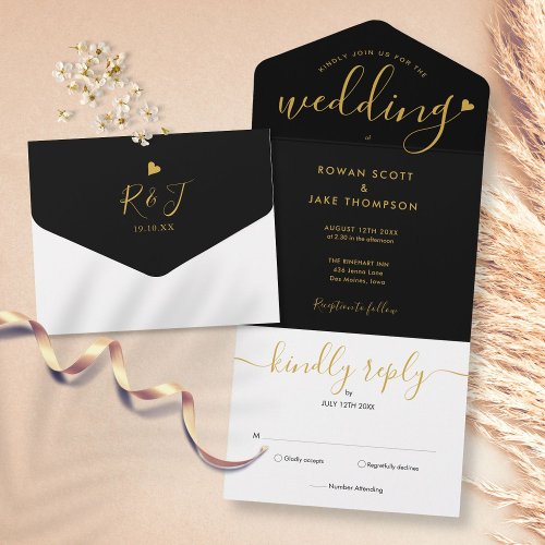 Chic Script Monogram Black And Gold Heart Wedding All In One Invitation