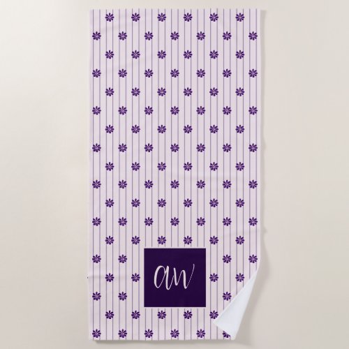 Chic Script Monogram Flowers Blush Violet Striped Beach Towel