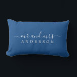 Chic Script Mr Mrs Blue Newlywed Monogram Lumbar Pillow<br><div class="desc">Chic, modern monogram blue pillow with the text Mr and Mrs in white elegant script. Simply add your married name. Perfect luxury gift for the newlywed couple. Exclusively designed for you by Happy Dolphin Studio. If you need any help or matching products please contact us at happydolphinstudio@outlook.com. We're happy to...</div>