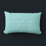 Chic Script Mr Mrs Bright Blue Newlywed Monogram Lumbar Pillow<br><div class="desc">Chic, modern monogram turquoise blue pillow with the text Mr and Mrs in white elegant script. Simply add your married name. Perfect luxury gift for the newlywed couple. Exclusively designed for you by Happy Dolphin Studio. If you need any help or matching products please contact us at happydolphinstudio@outlook.com. We're happy...</div>