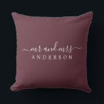 Chic Script Mr Mrs Burgundy Newlywed Monogram Throw Pillow<br><div class="desc">Chic, modern monogrammed pillow with the text Mr and Mrs in white elegant script on a burgundy background. Simply add your married name. Perfect gift for the newlywed couple. Exclusively designed for you by Happy Dolphin Studio. If you need any help or matching products please contact us at happydolphinstudio@outlook.com. We're...</div>