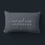 Chic Script Mr Mrs Charcoal Blue Newlywed Monogram Lumbar Pillow<br><div class="desc">Chic, modern monogrammed charcoal blue pillow with the text Mr and Mrs in white elegant script. Simply add your married name. Perfect luxury gift for the newlywed couple. Exclusively designed for you by Happy Dolphin Studio. If you need any help or matching products please contact us at happydolphinstudio@outlook.com. We're happy...</div>