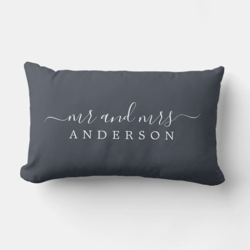 Chic Script Mr Mrs Charcoal Blue Newlywed Monogram Lumbar Pillow