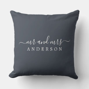Chic Script Mr Mrs Charcoal Blue Newlywed Monogram Throw Pillow