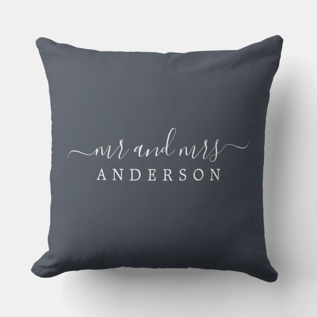 Chic Script Mr Mrs Charcoal Blue Newlywed Monogram Throw Pillow (Front)