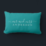 Chic Script Mr Mrs Green Newlywed Monogram Lumbar Pillow<br><div class="desc">Chic, modern monogram green pillow with the text Mr and Mrs in white elegant script. Simply add your married name. Perfect luxury gift for the newlywed couple. Exclusively designed for you by Happy Dolphin Studio. If you need any help or matching products please contact us at happydolphinstudio@outlook.com. We're happy to...</div>