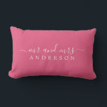 Chic Script Mr Mrs Hot Pink Newlywed Monogram Lumbar Pillow<br><div class="desc">Chic, modern monogram hot pink pillow with the text Mr and Mrs in white elegant script. Simply add your married name. Perfect luxury gift for the newlywed couple. Exclusively designed for you by Happy Dolphin Studio. If you need any help or matching products please contact us at happydolphinstudio@outlook.com. We're happy...</div>