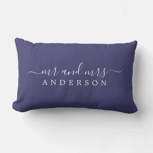 Chic Script Mr Mrs Navy Blue Newlywed Monogram Lumbar Pillow