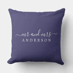 Chic Script Mr Mrs Navy Blue Newlywed Monogram Throw Pillow