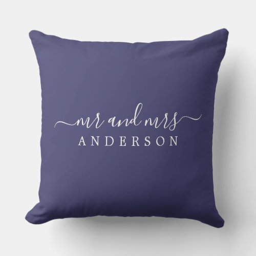 Chic Script Mr Mrs Navy Blue Newlywed Monogram Throw Pillow