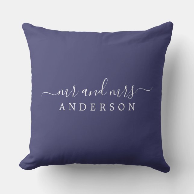 Chic Script Mr Mrs Navy Blue Newlywed Monogram Throw Pillow (Front)