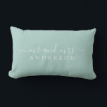 Chic Script Mr Mrs Pastel Blue Newlywed Monogram Lumbar Pillow<br><div class="desc">Chic, modern monogram pastel blue pillow with the text Mr and Mrs in white elegant script. Simply add your married name. Perfect luxury gift for the newlywed couple. Exclusively designed for you by Happy Dolphin Studio. If you need any help or matching products please contact us at happydolphinstudio@outlook.com. We're happy...</div>
