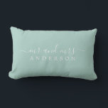 Chic Script Mr Mrs Pastel Blue Newlywed Monogram Lumbar Pillow<br><div class="desc">Chic, modern monogram pastel blue pillow with the text Mr and Mrs in white elegant script. Simply add your married name. Perfect luxury gift for the newlywed couple. Exclusively designed for you by Happy Dolphin Studio. If you need any help or matching products please contact us at happydolphinstudio@outlook.com. We're happy...</div>