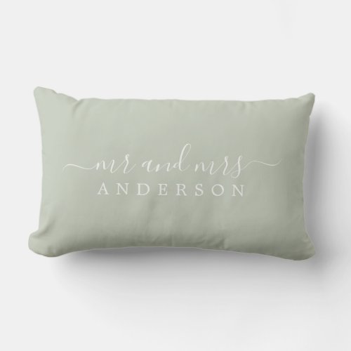 Chic Script Mr Mrs Pastel Green Newlywed Monogram Lumbar Pillow
