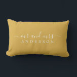 Chic Script Mr Mrs Yellow Ochre Newlywed Monogram Lumbar Pillow<br><div class="desc">Chic, modern monogrammed pillow with the text Mr and Mrs in white elegant script on a yellow ochre background. Simply add your married name. Perfect luxury gift for the newlywed couple. Exclusively designed for you by Happy Dolphin Studio. If you need any help or matching products please contact us at...</div>