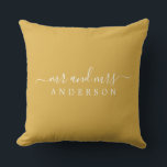 Chic Script Mr Mrs Yellow Ochre Newlywed Monogram Throw Pillow<br><div class="desc">Chic, modern monogrammed pillow with the text Mr and Mrs in white elegant script on a yellow ochre background. Simply add your married name. Perfect luxury gift for the newlywed couple. If you need any help or matching products please contact us at happydolphinstudio@outlook.com. We're happy to help you make your...</div>