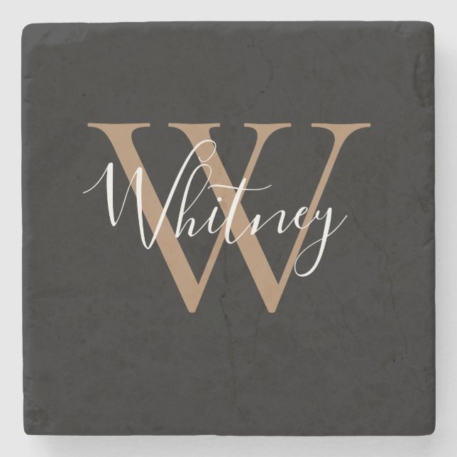Chic Script Name Monogram Black Gold  Stone Coaster (Front)