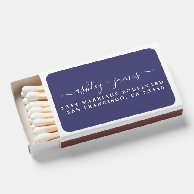 Chic Script Names Wedding Return Address Navy Blue Matchboxes (Front Open)