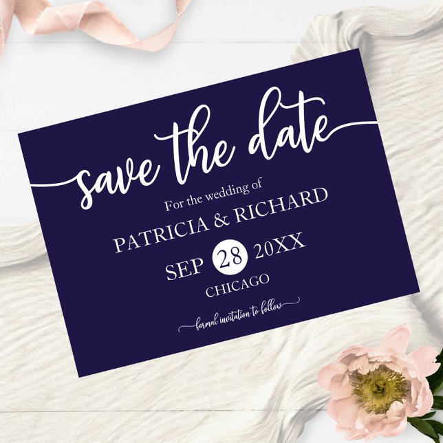 Chic Script Navy Blue Wedding Save The Date Postcard (Creator Uploaded)