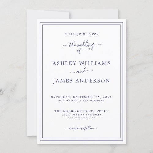 Chic Script Navy Blue White Wedding invitation