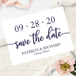Chic Script Navy Blue White Wedding Save The Date Invitation