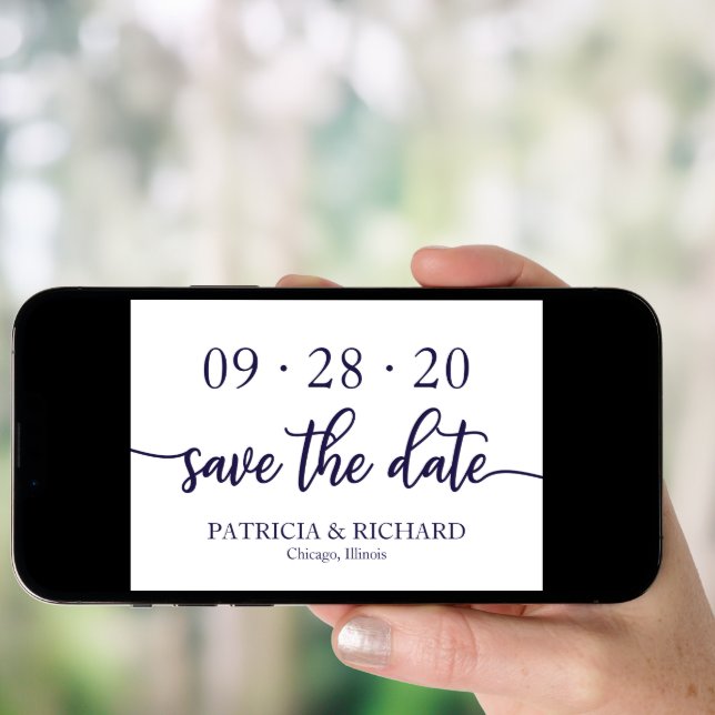 Chic Script Navy Blue White Wedding Save The Date Invitation (Front Digital)